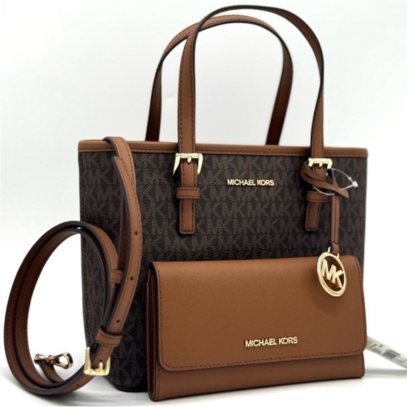 Michael Kors Jet Set Travel Extra-Small Top-Zip lote Bag & Trifold Wallet Brown